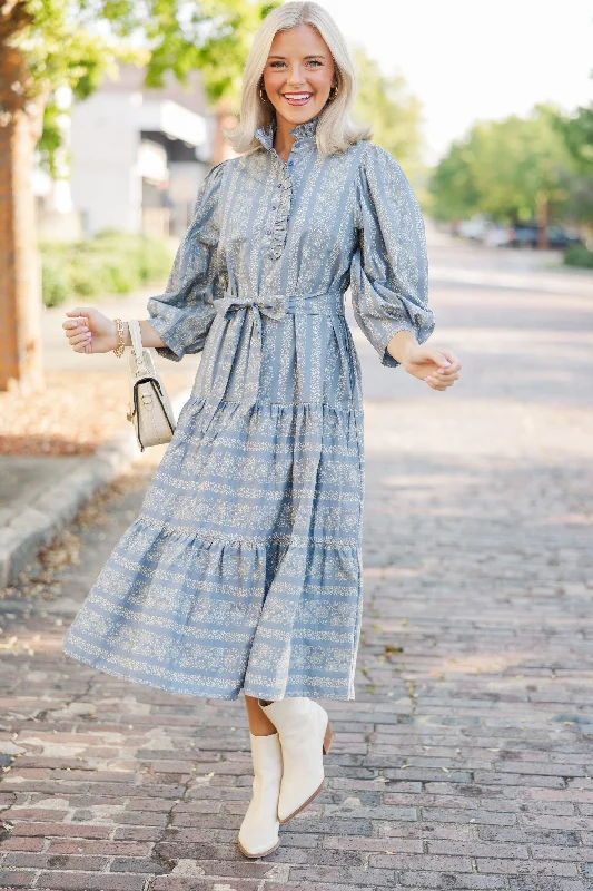 Girl Style Hold On To Your Dreams Blue Floral Midi Dress