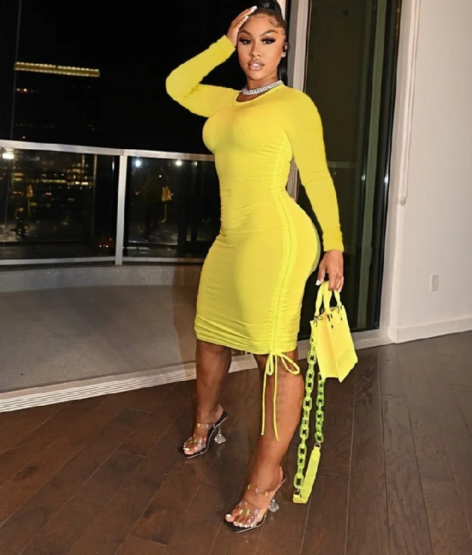 Street Charm Solid Shirring Stretchy Bodycon Midi Dresses