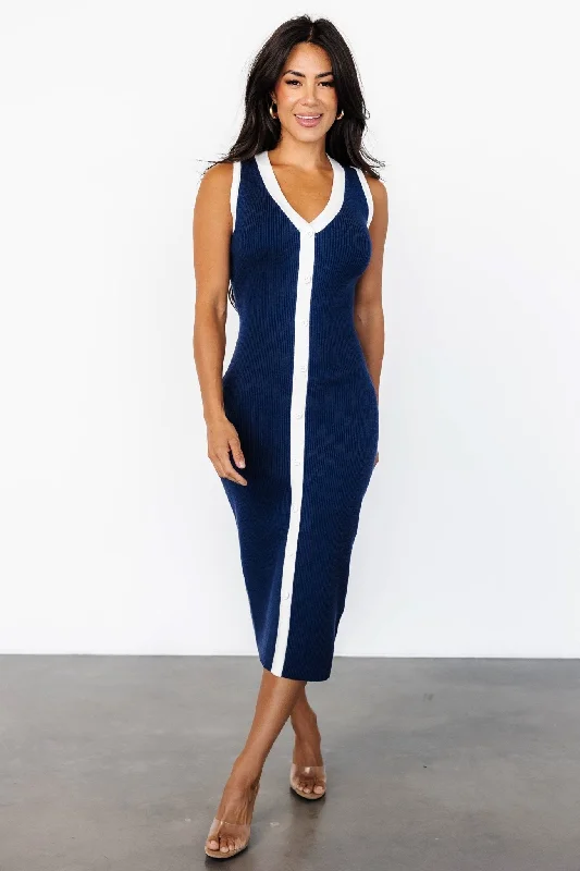 Innovative Design Coley Ribbed Button Dress | Navy + Off White