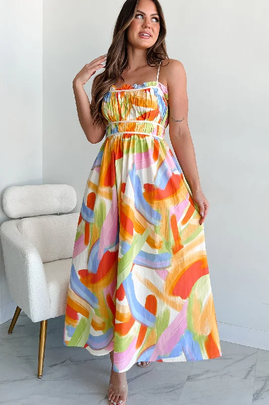 Passionate Response Printed Maxi Dress (White/Blue/Yellow)