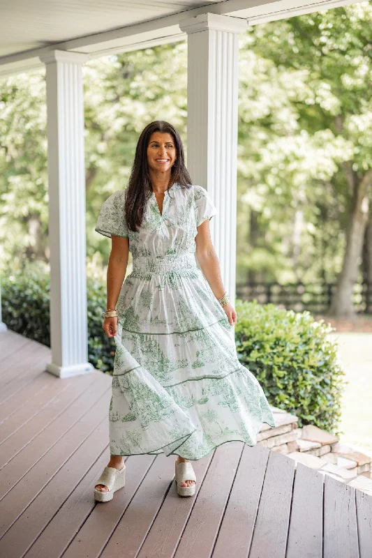 Feminine Charm Green Willow Print Maxi Dress