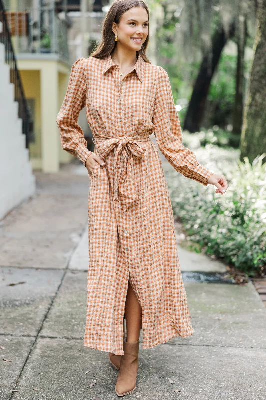 High-quality Fabrics Harvest Wishes Rust Orange Gingham Midi Dress