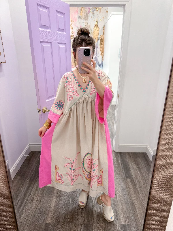 Eye-catching Personality Embroidered Pink Taupe Midi Dress