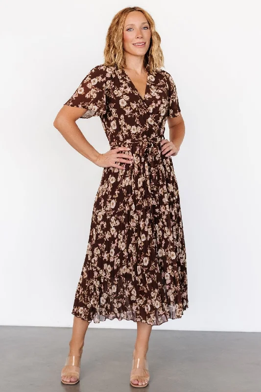 Cassidy Pleated Midi Dress | Brown Floral