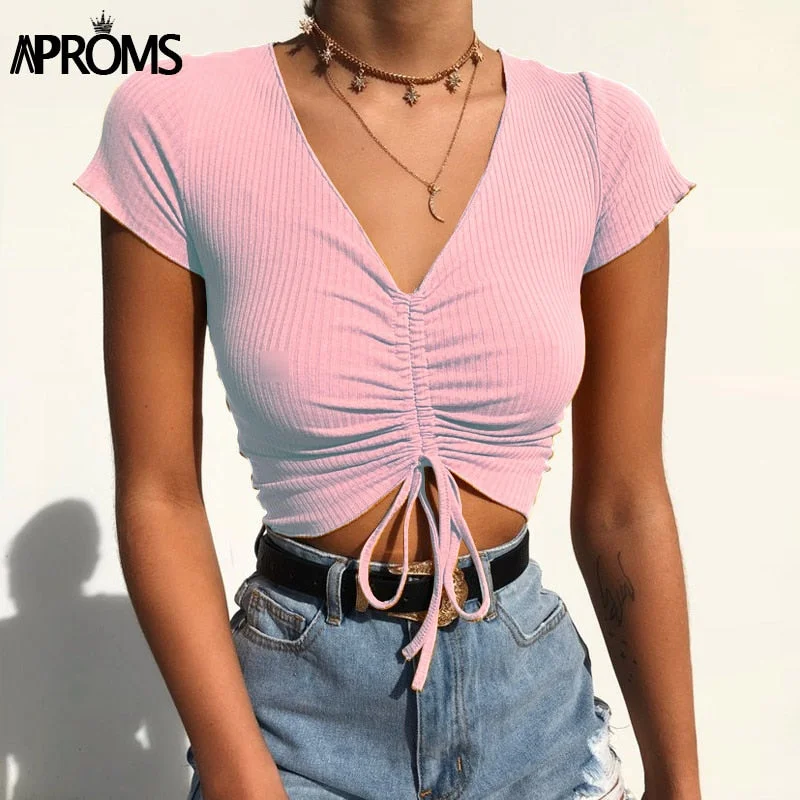 Aproms Sexy V Neck Cropped Tank Tops Women Drawstring Tie Up Front Camis Candy Colors Streetwear Slim Fit Ribbed Crop Top 2020