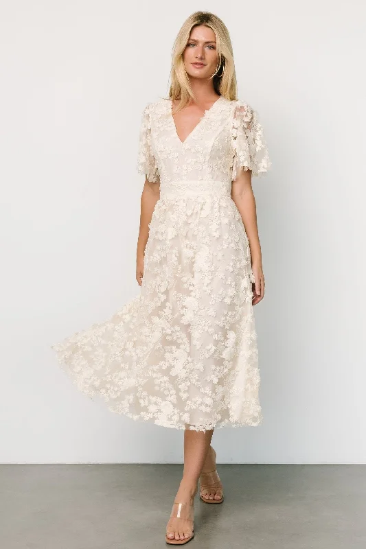 Simple Solid Color Sadie Embroidered Midi Dress | Vintage Cream