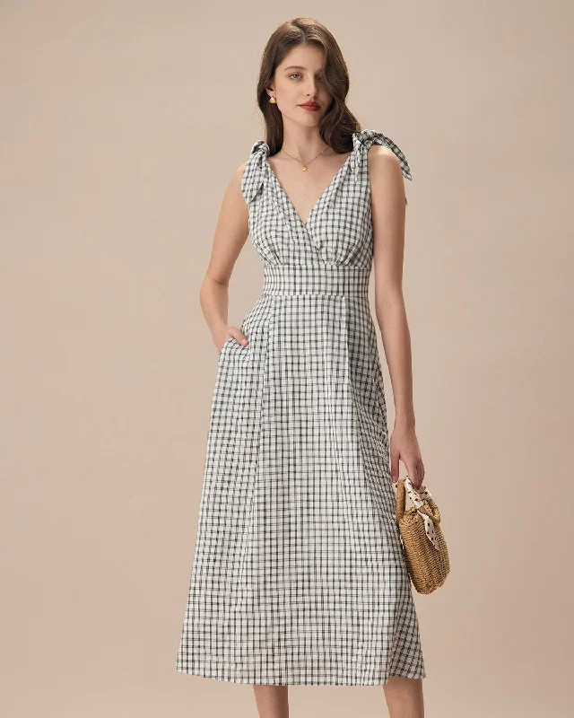 The Black V-Neck Plaid Tie Strap Cotton Midi Dress