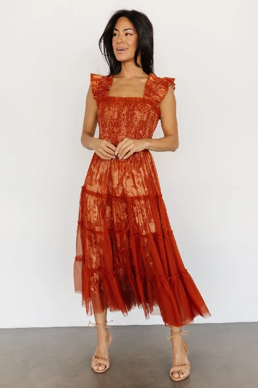 Thin Design Cora Smocked Tulle Dress | Rust Floral