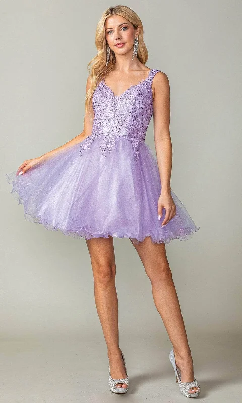Simple Solid Color Dancing Queen 3377 - Applique V-Neck Cocktail Dress
