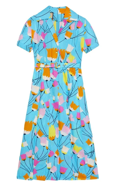 Designer Style Blue Tulip Print Pleated Dress