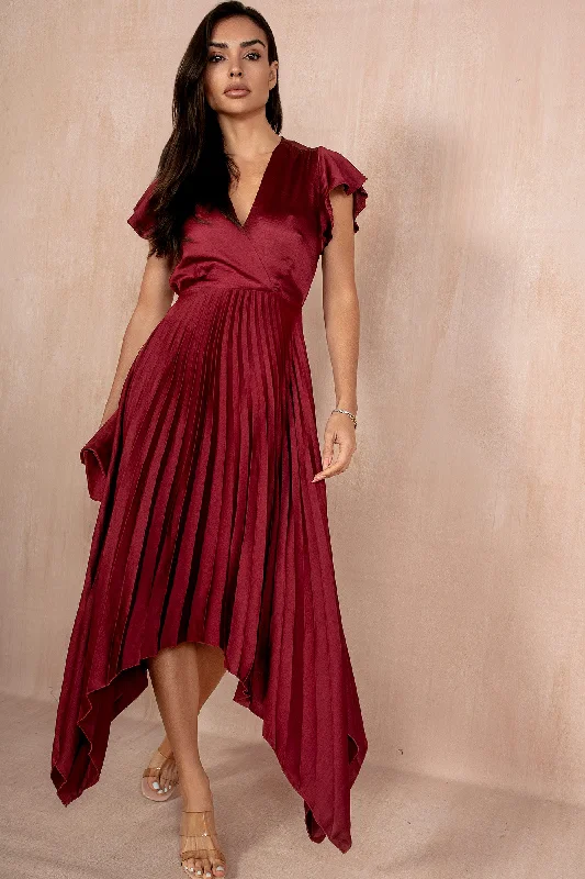French Style Betha Burgundy Satin Pleated Dress