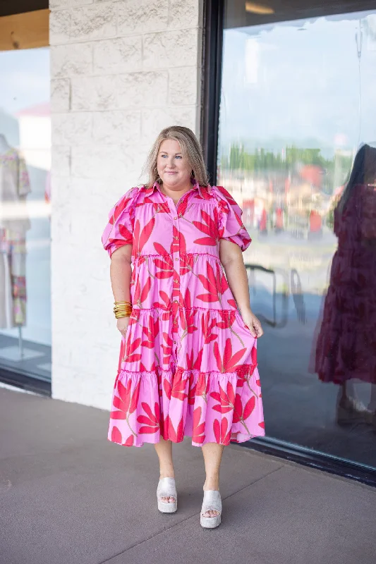 Casual Street Palm Floral Pink Midi Dress