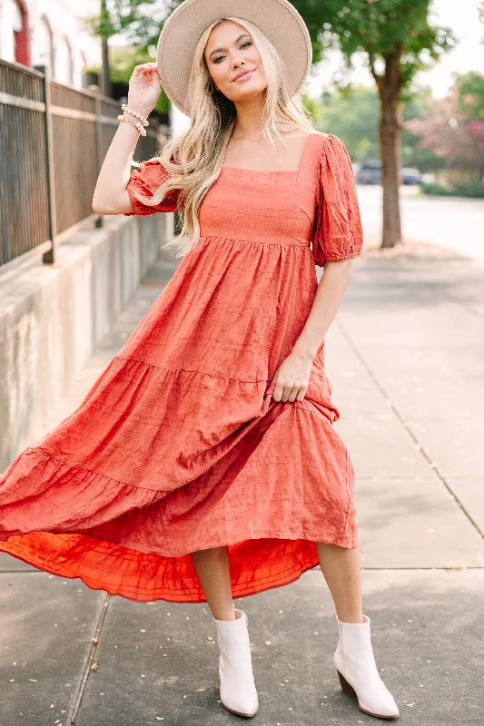 Floral Prints Think About It Rust Orange Midi Dress