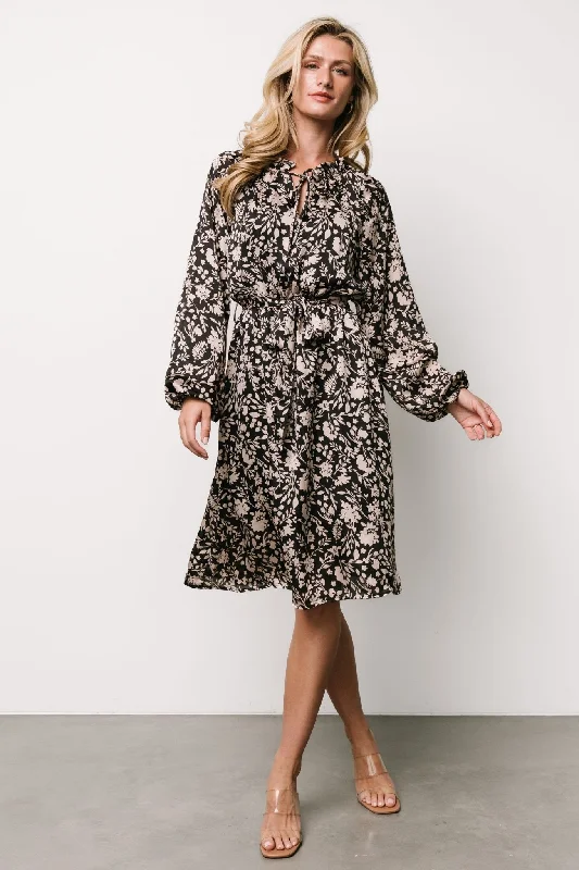 Comfortable Design Deena Satin Dress | Black + Taupe Floral