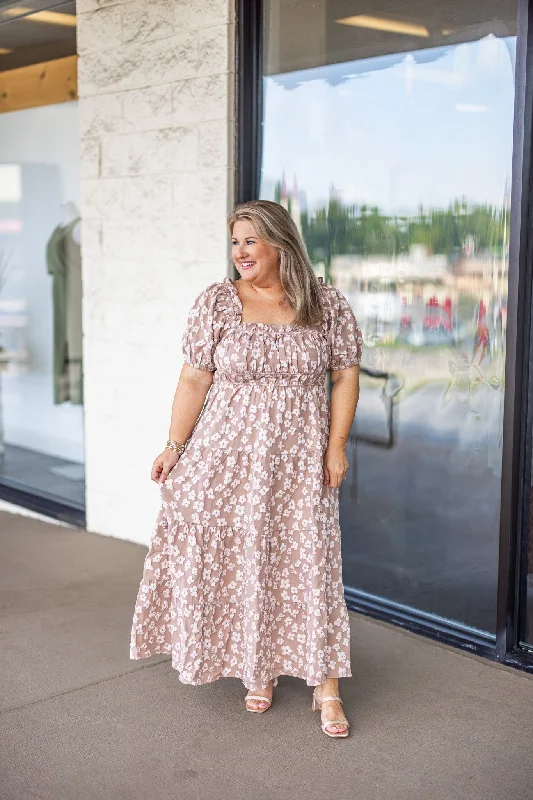 Design And Tailoring Puffy Florals Taupe Maxi Dress