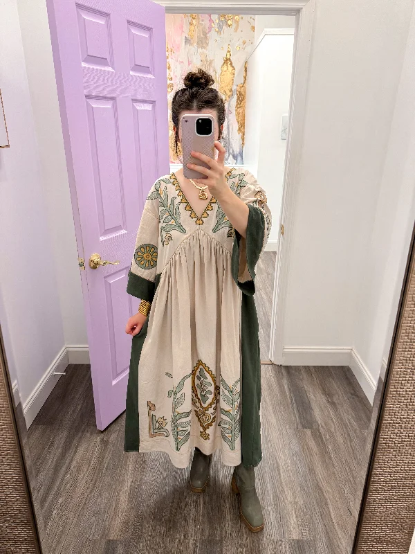 Cool Breeze At Night Embroidered Olive Taupe Midi Dress