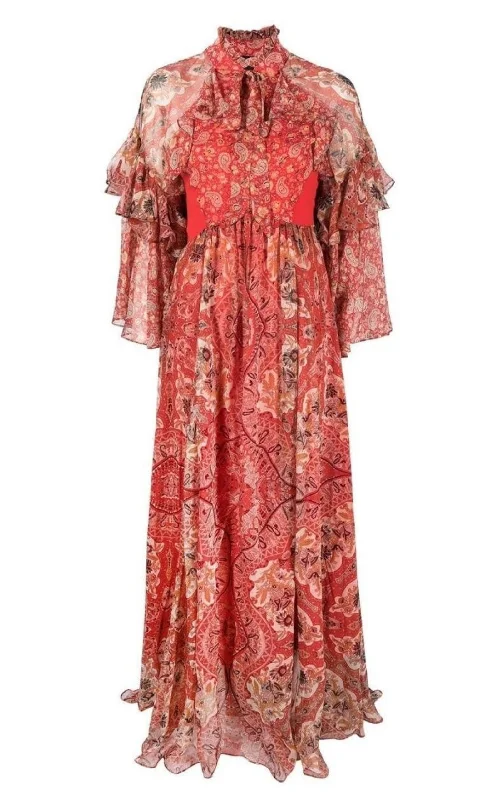 Elegant Tailoring Paisley-print Ruffle Silk Gown
