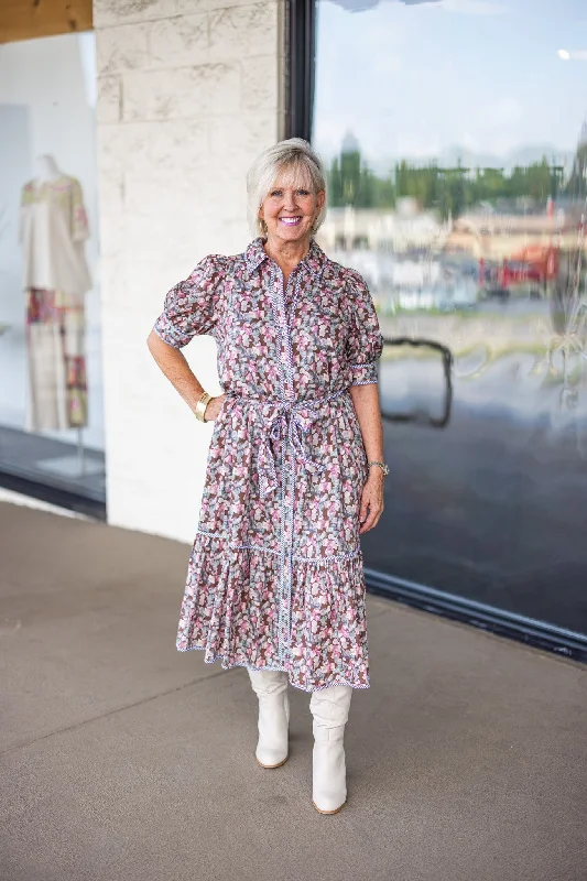 British Fashion Autumn Florals Brown Midi Dress