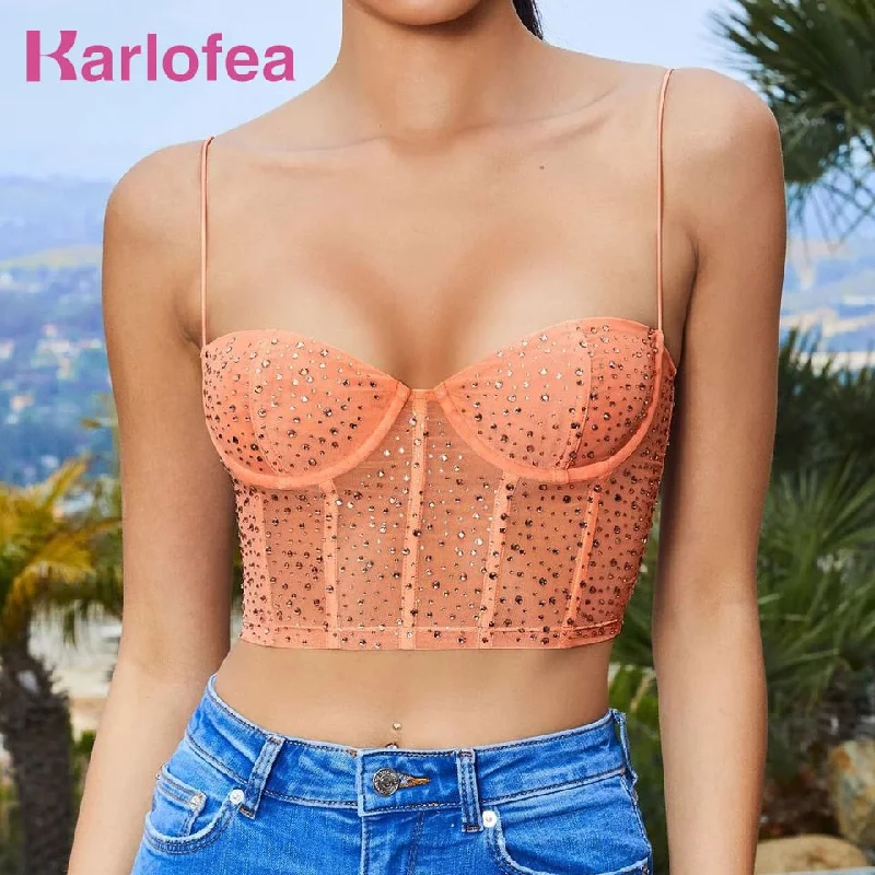 Karlofea Women Sexy See Through Mesh Crop Top Chic Crystal Diamonds Camis Tanks Tops Fashion Outfits New Sleeveless Corset Tees