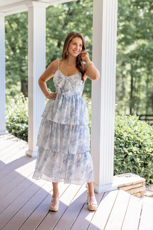 Casual And Casual Sweet Florals Blue Midi Dress
