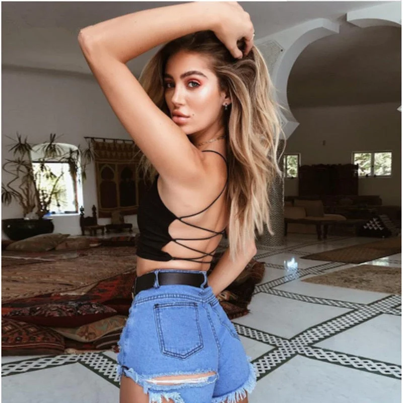 Women Summer cotton backless bandage lace up crop tops 2020 summer women fashion sexy female camis regata feminina camisa femini