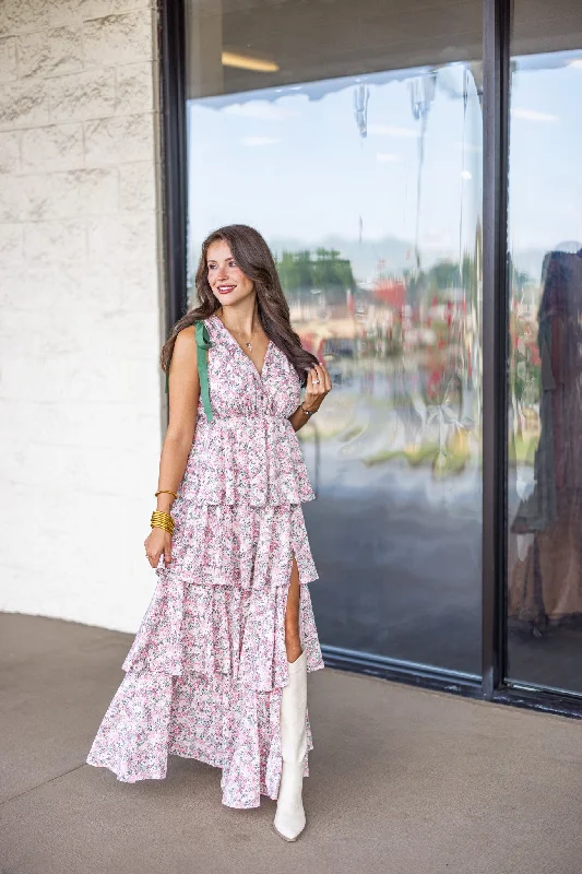 Designer Style Floral Tiered Maxi Dress - Rose