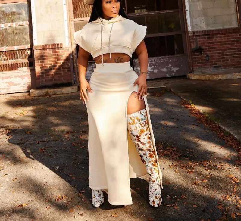 Advanced Customization Flare Sleeve Hoodie Crop & High Side Maxi Skirt Sets