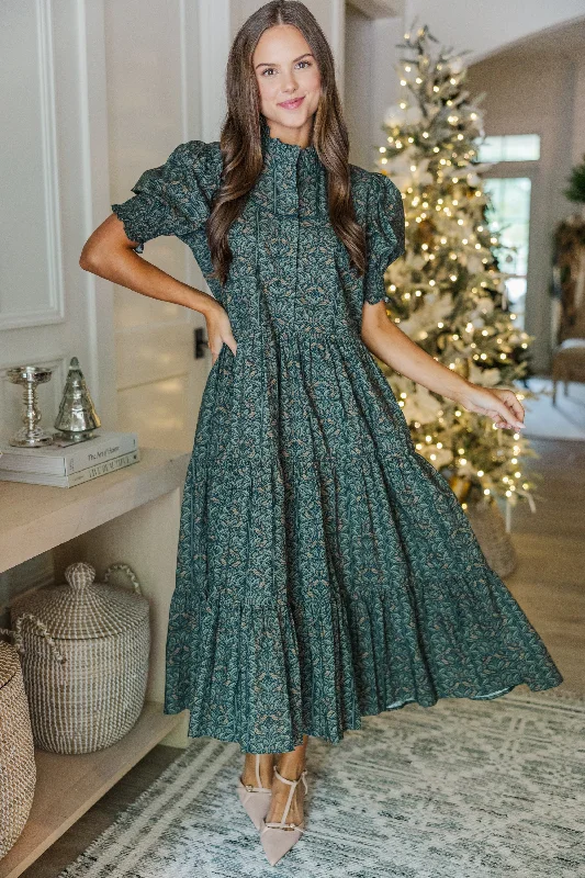 Lazy Style Ready For It All Olive Green Leaf Printed Midi Dress