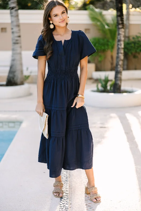 Exquisite Fabrics It's In The Air Navy Blue Tiered Midi Dress