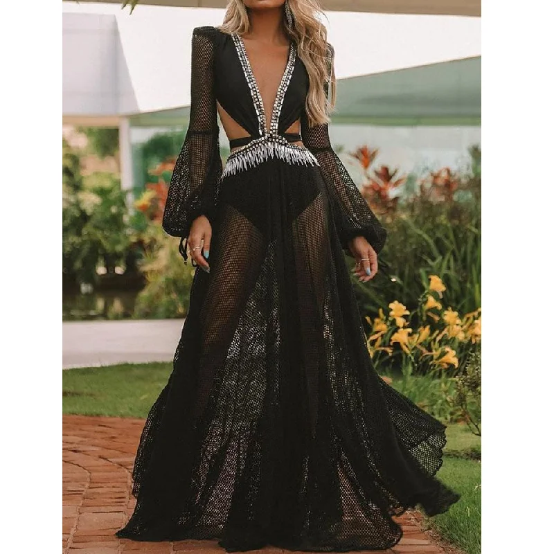 Noble Temperament Black Gauze See-Through Maxi Dresses