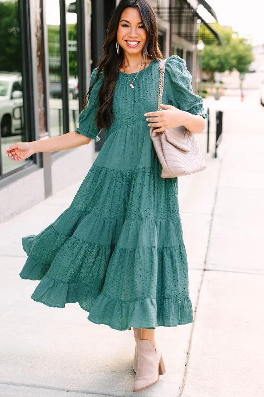 Street Charm Making Moves Spruce Green Eyelet Midi Dress