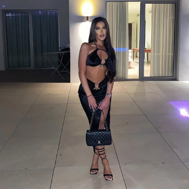 Feminine Charm Satin Sleeveless Crop & Side Slit Midi Dresses