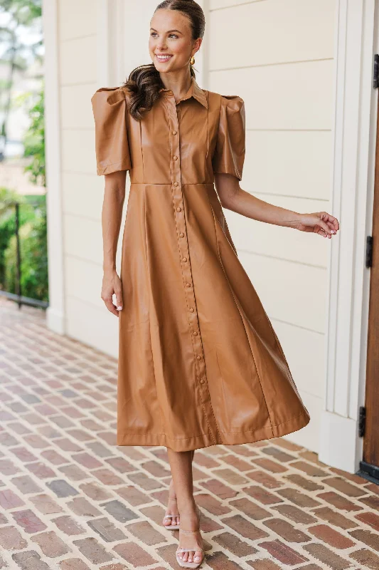 Bottom And Versatile Take It As It Is Camel Brown Faux Leather Midi Dress