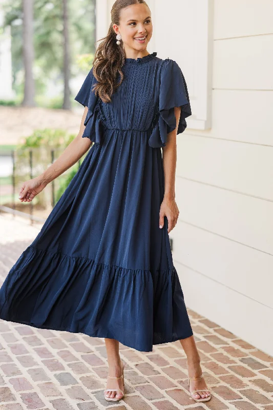 Youthful All The Good Navy Blue Ruffled Midi Dress