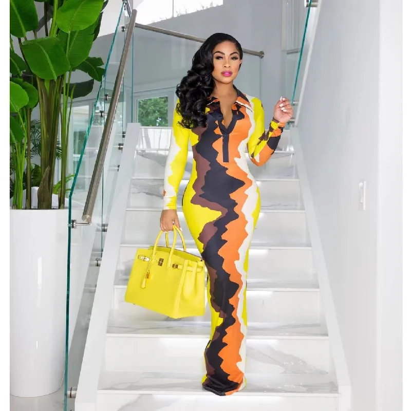 Customized Version Color Wave Long Sleeve Turn-down Collar Maxi Dress