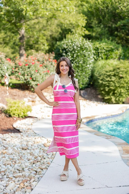 Slightly Flared Design Coastal Stripes Pink Midi Dress