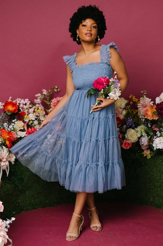 Elegant And Noble Emma Smocked Tulle Dress | Slate Blue