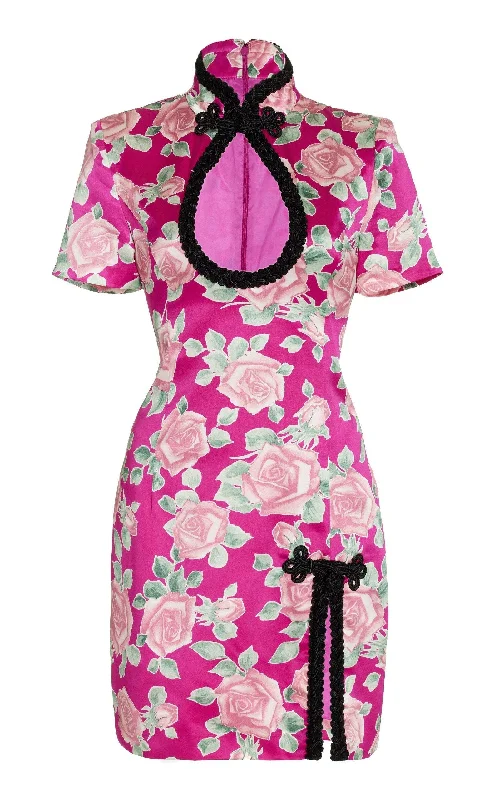 Street Fashion Rose-Print Silk Satin Mini Dress