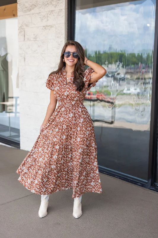 Slightly Flared Design Blooming Love Chestnut Midi Dress