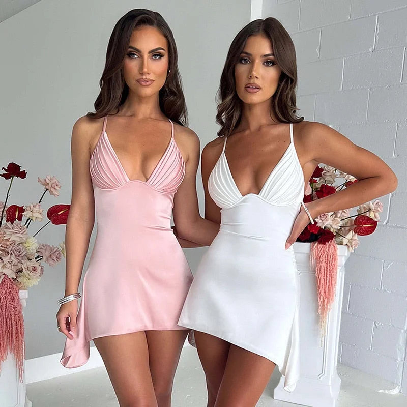 Carefree Satin Spaghetti Deep V Sleeveless Mini Dresses