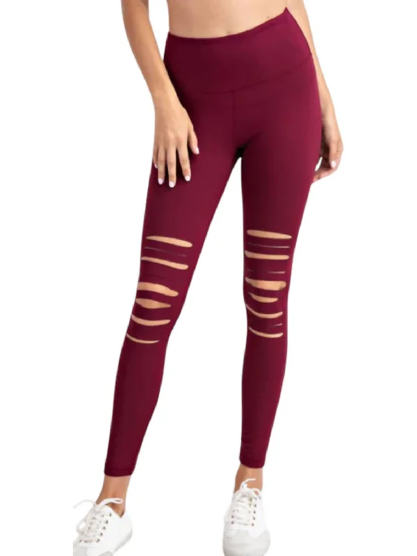 Laser Cut Leggings In Burgundy