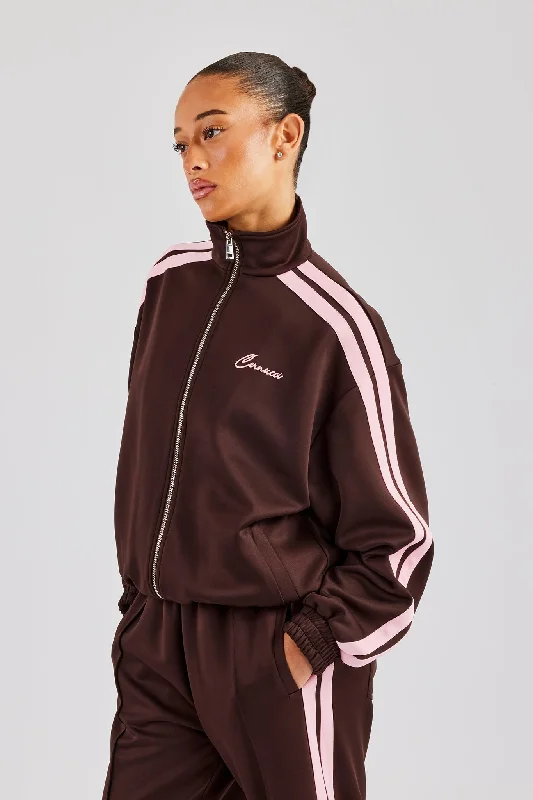 Street Charm Funnel Neck Pink Taping Zip Through Track Jacket - Chocolate
