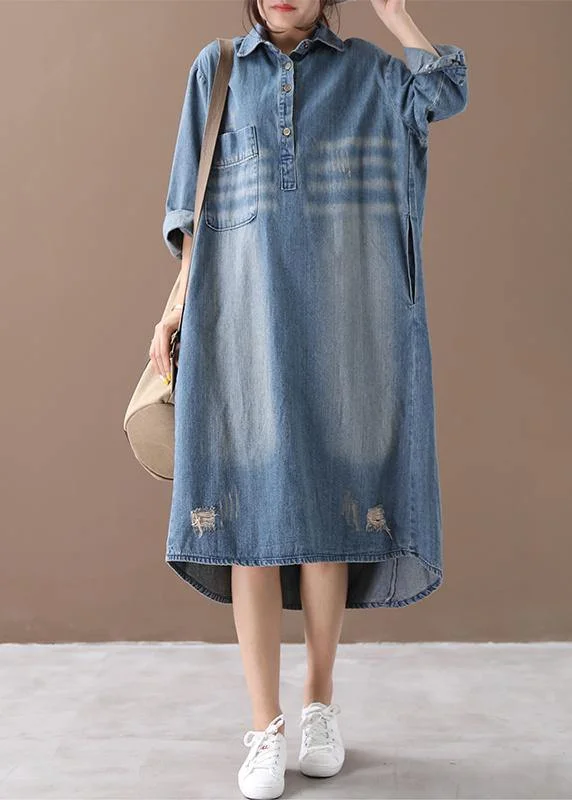 Women lapel Hole spring outfit Shape denim blue Dresses