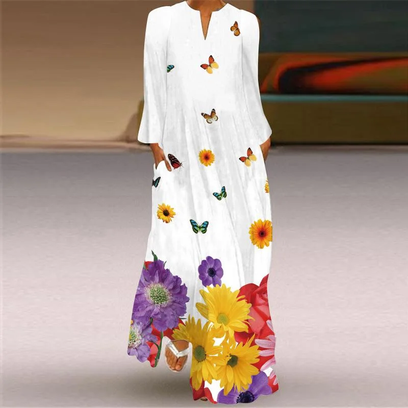 Plus Sizes Women Long Sleeves Print Fall Long Dresses