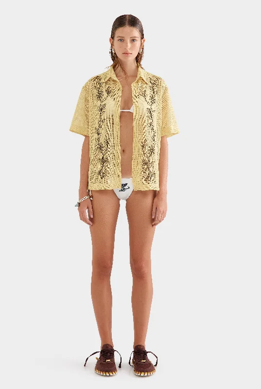 Elegant And Noble Embroidered Mesh Relaxed Short Sleeve Shirt - Raffia/Brown