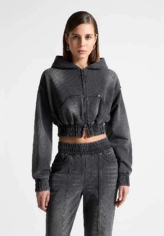 Warm And Comfortable Washed Denim Jersey Hoodie - Washed Black