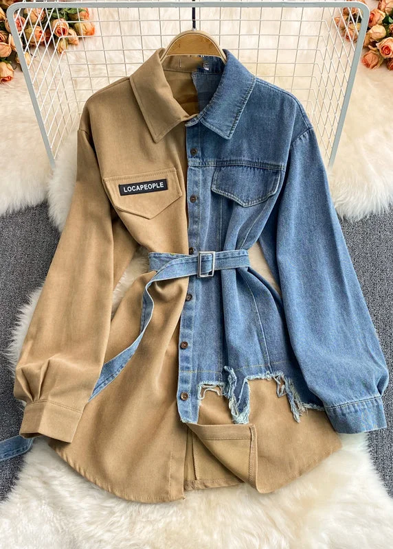 Cute Style Boho Khaki Peter Pan Collar Patchwork Button Denim Top Spring