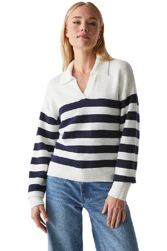 Eye-catching Personality Michael Stars Finley Johnny Collar Sweater in Chalk Nocturnal Stripes