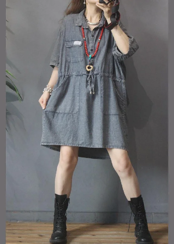Luxury Temperament Elegant Denim tie waist Turn-down Collar Maxi Summer Cotton Dress Luxury Temperament Elegant Denim tie waist Turn-down Collar Maxi Summer Cotton Dress