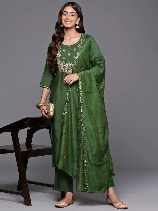 Green Yoke Design Silk Blend Straight Suit With Dupatta